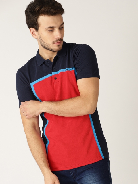 

United Colors of Benetton Men Red & Navy Blue Colourblocked Polo Collar T-shirt