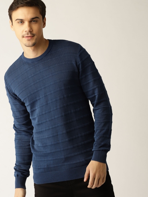 

United Colors of Benetton Men Navy Blue Self-Striped Pullover