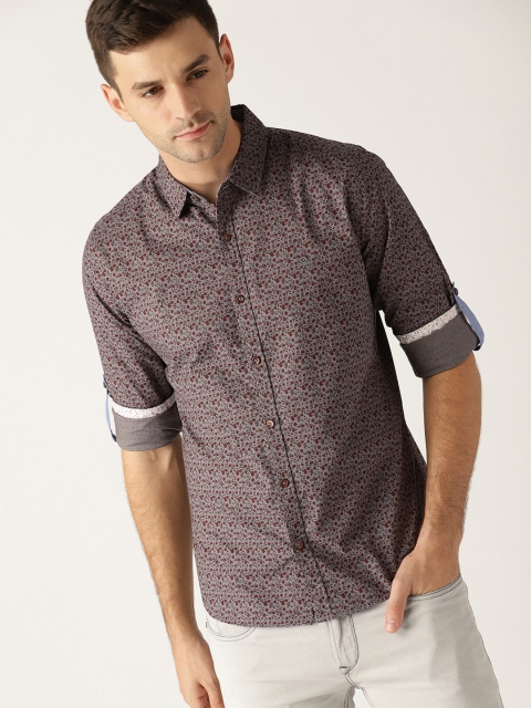 

United Colors of Benetton Men Grey & Maroon Slim Fit Printed Casual Shirt