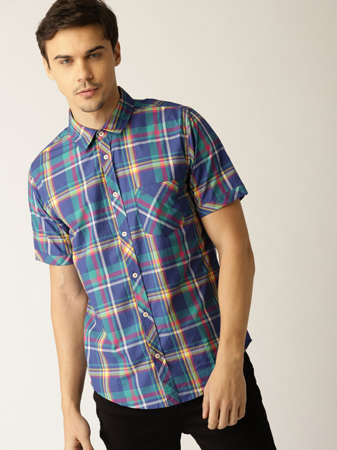 

United Colors of Benetton Men Blue & Green Slim Fit Checked Casual Shirt