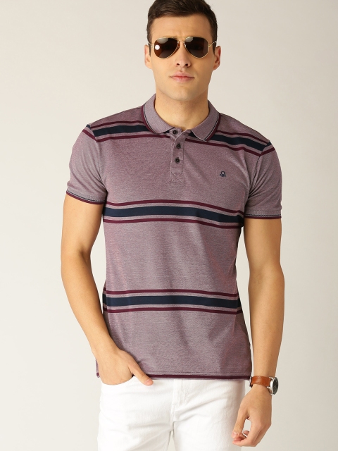 

United Colors of Benetton Men Lavender Striped Polo Collar T-shirt