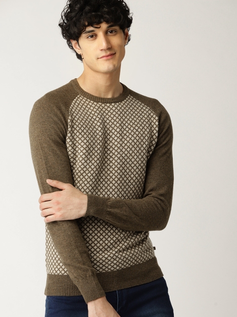 

United Colors of Benetton Men Olive Green & Beige Checked Pullover