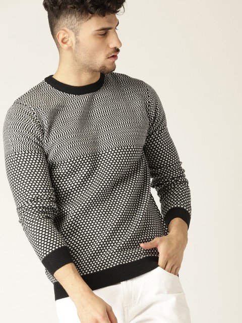 

United Colors of Benetton Men Black & White Self Design Pullover