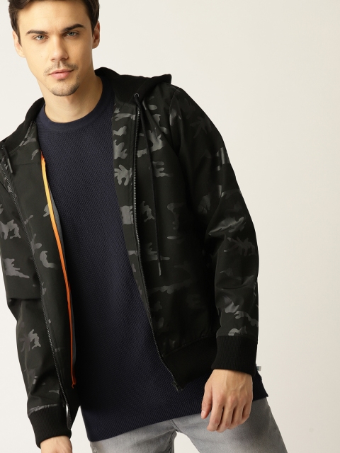 

United Colors of Benetton Men Black & Charcoal Grey Printed Hooded Bomber Jacket