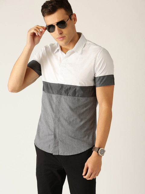 

United Colors of Benetton Men White & Grey Slim Fit Colourblocked Casual Shirt