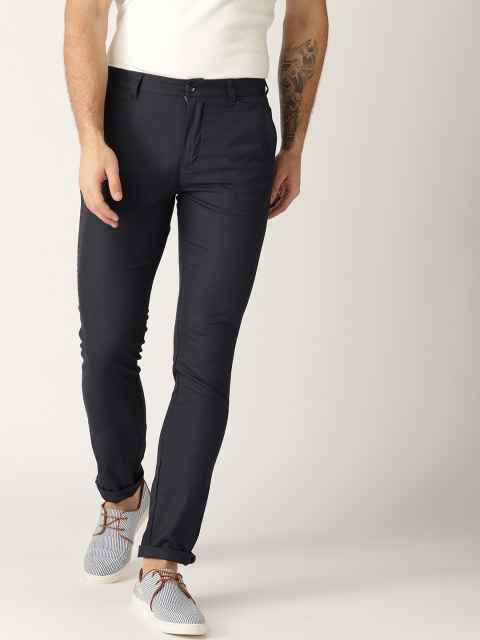 

United Colors of Benetton Men Navy Blue Tailored Fit Self Design Trousers