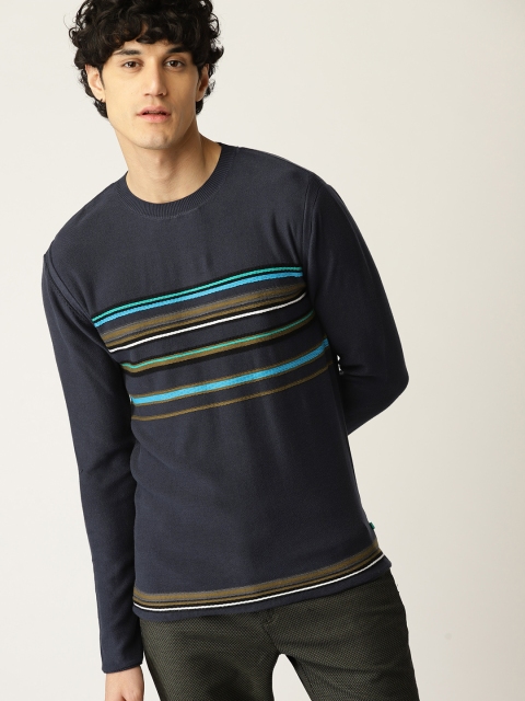 

United Colors of Benetton Men Navy Striped Pullover, Navy blue