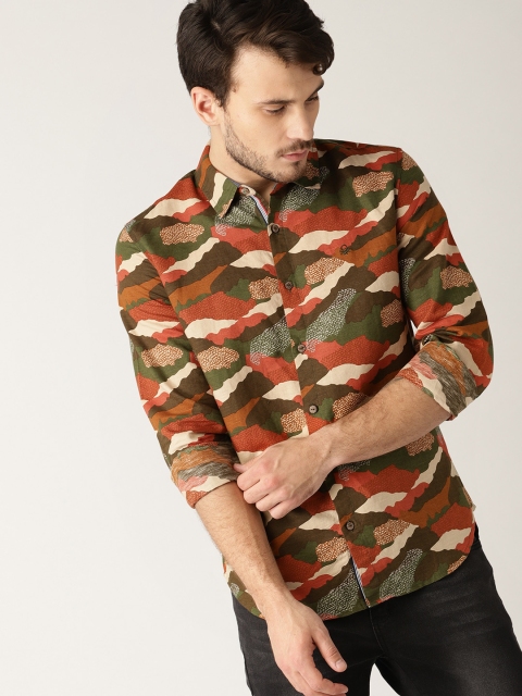 

United Colors of Benetton Men Rust Orange & Olive Green Slim Fit Printed Casual Shirt