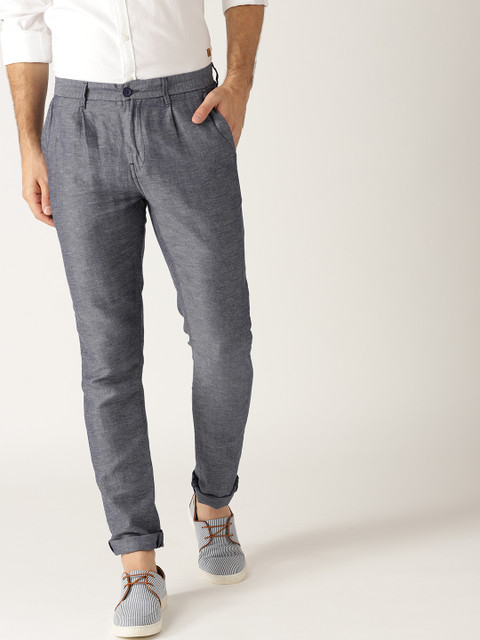 

United Colors of Benetton Men Navy Blue Slim Fit Textured Trousers