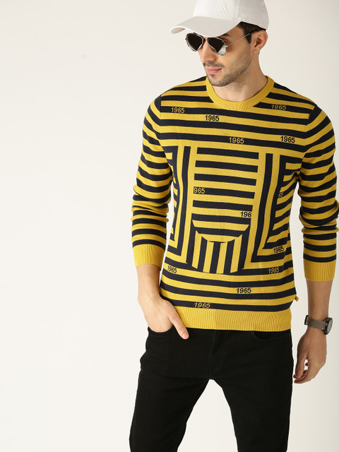

United Colors of Benetton Men Mustard Yellow & Navy Blue Striped Sweater