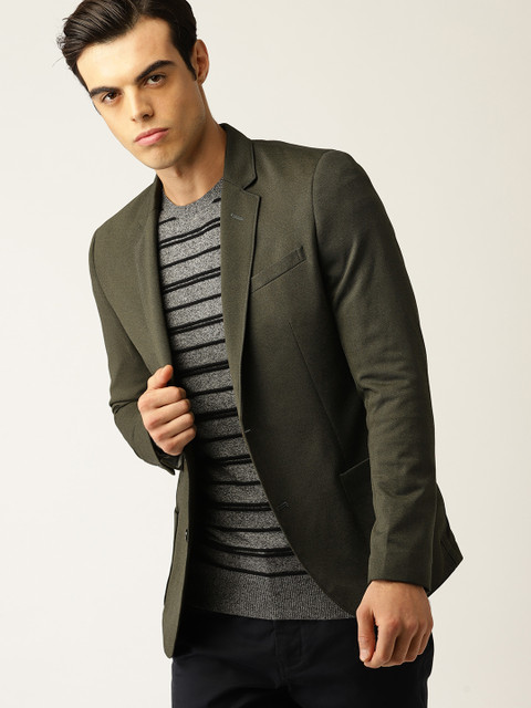 

United Colors of Benetton Men Olive Green Solid Single-Breasted Casual Blazer