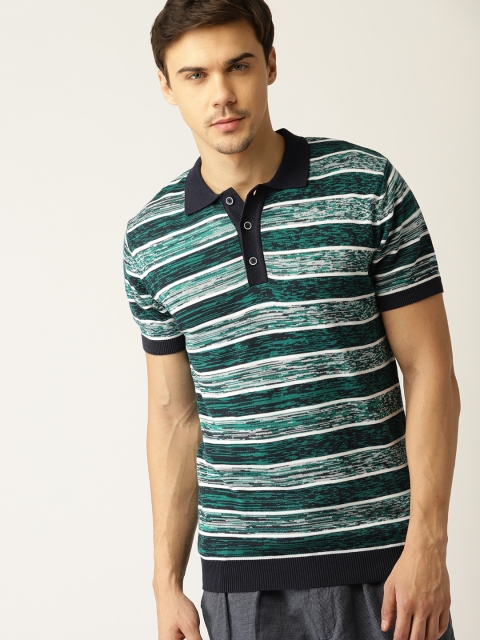 

United Colors of Benetton Men Green & Navy Striped Polo Collar T-shirt