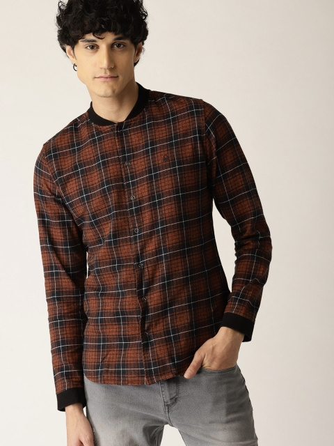 

United Colors of Benetton Men Rust Orange & Black Slim Fit Checked Shacket