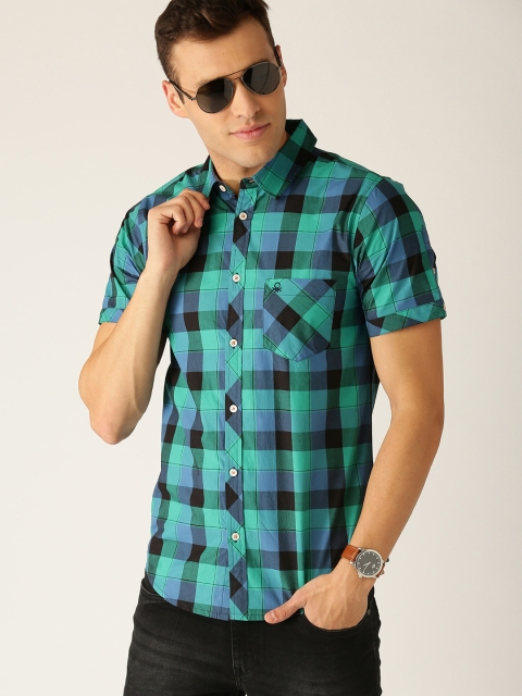 

United Colors of Benetton Men Blue & Green Slim Fit Checked Casual Shirt
