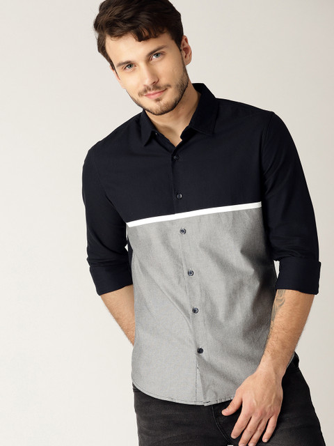 

United Colors of Benetton Men Grey & Navy Blue Slim Fit Colourblocked Casual Shirt