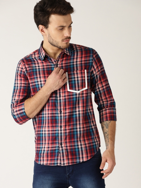 

United Colors of Benetton Men Navy Blue & Coral Red Slim Fit Checked Casual Shirt