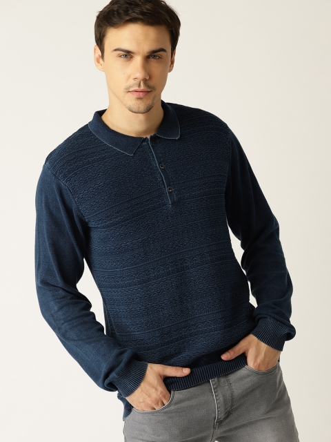 

United Colors of Benetton Men Navy Blue Self Design Polo Collar T-shirt