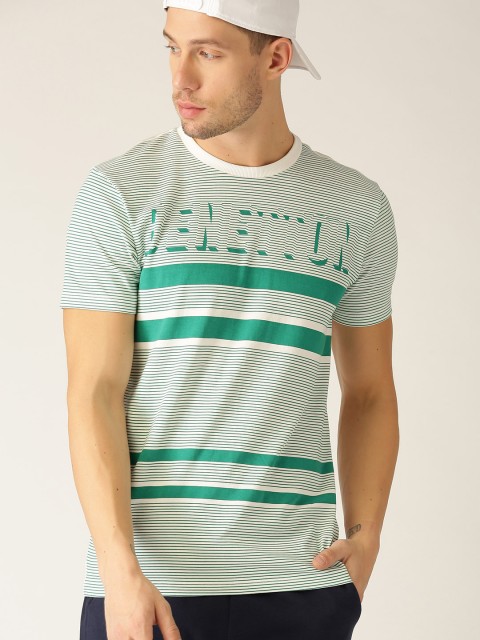 

United Colors of Benetton Men White & Green Striped Round Neck T-shirt
