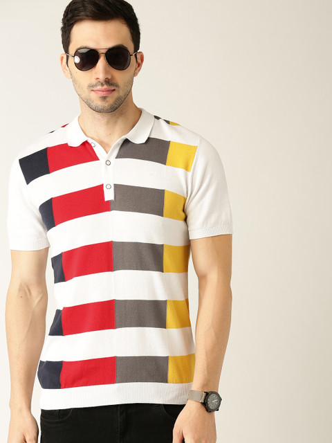 

United Colors of Benetton Men White Striped Polo Collar T-shirt