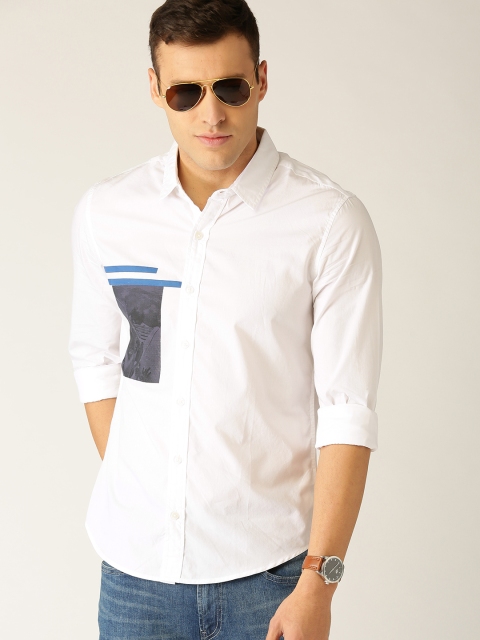 

United Colors of Benetton Men White Slim Fit Solid Casual Shirt with Printed Detail