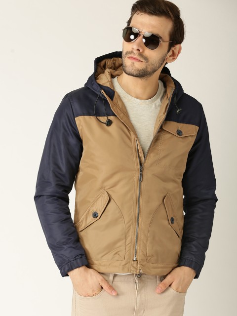

United Colors of Benetton Men Beige & Navy Blue Colourblocked Hooded Tailored Jacket