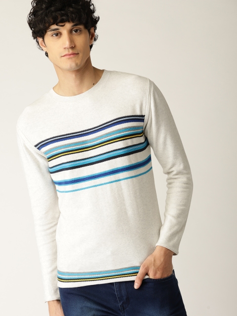 United Colors of Benetton Men White & Blue Striped Pullover