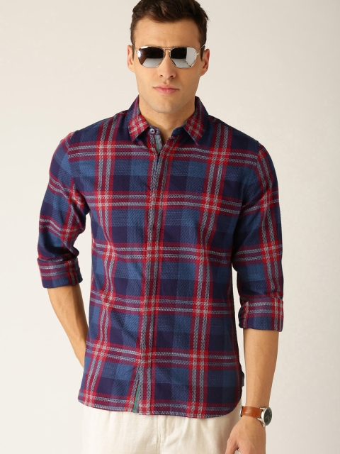 

United Colors of Benetton Men Blue & Red Slim Fit Checked Casual Shirt