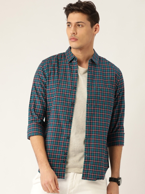 

United Colors of Benetton Men Green & Navy Blue Slim Fit Checked Casual Shirt