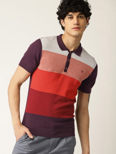 

United Colors of Benetton Men Red & Purple Colourblocked Polo Collar T-shirt