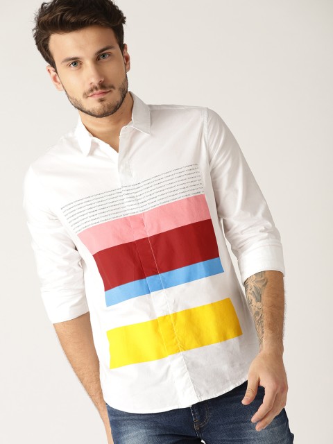 

United Colors of Benetton Men White & Red Slim Fit Striped Casual Shirt