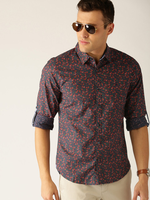 

United Colors of Benetton Men Navy & Orange Slim Fit Printed Casual Shirt, Navy blue