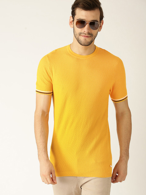 

United Colors of Benetton Men Mustard Yellow Self Design Round Neck T-shirt