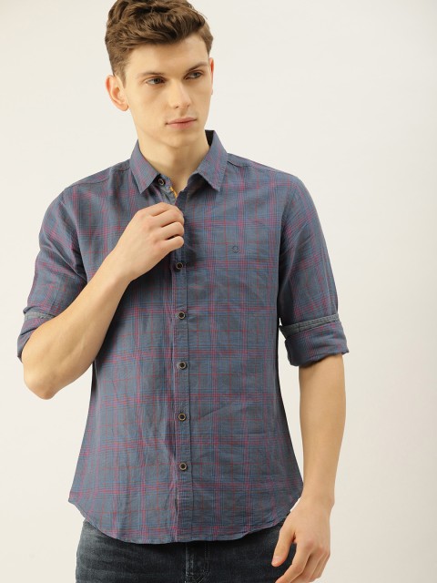 United Colors of Benetton Men Charcoal Grey & Red Slim Fit Checked Casual Shirt