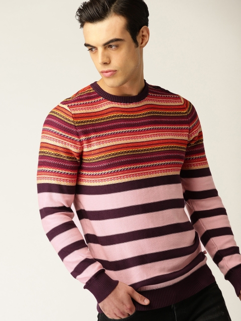 

United Colors of Benetton Men Pink & Burgundy Striped Pullover