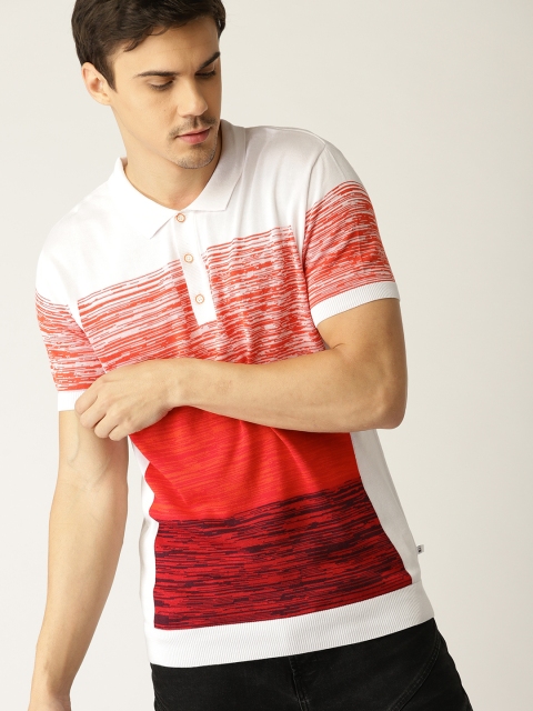 

United Colors of Benetton Men White & Red Self-Striped Polo Collar T-shirt