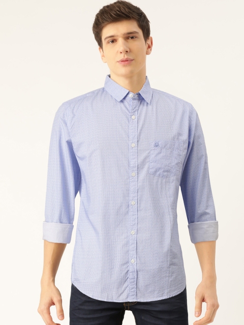 

United Colors of Benetton Men Blue Slim Fit Micro Checked Casual Shirt