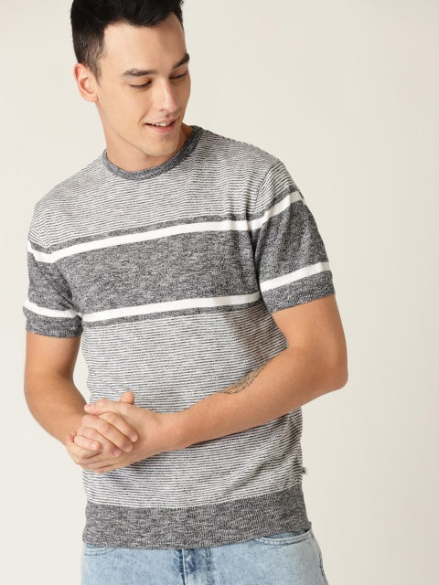 

United Colors of Benetton Men Off-White & Black Striped Round Neck T-shirt