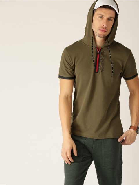United Colors of Benetton Men Olive Green Solid Hood T-shirt