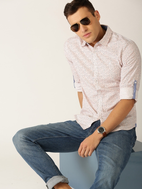 

United Colors of Benetton Men White & Peach-Coloured Slim Fit Printed Casual Shirt