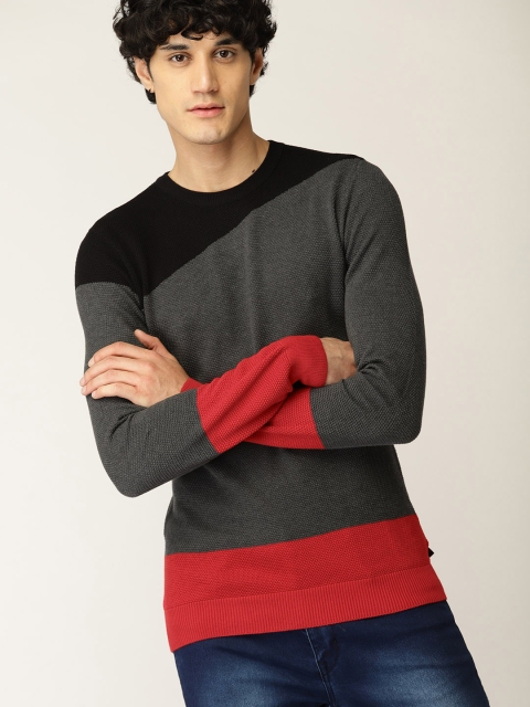 

United Colors of Benetton Men Grey & Red Colourblocked Pullover