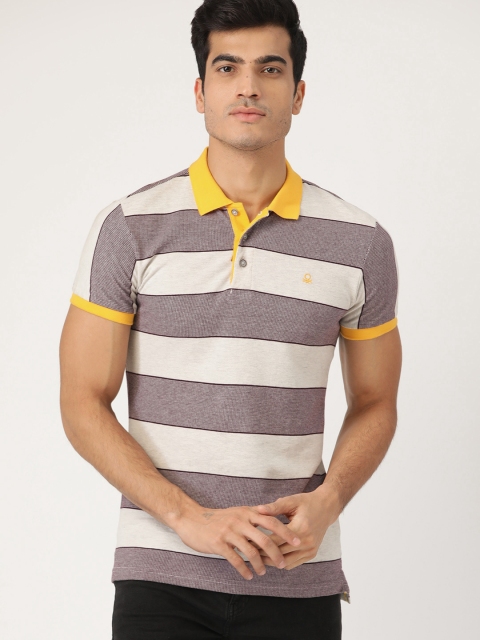 

United Colors of Benetton Men Grey Melange Striped Polo Collar T-shirt