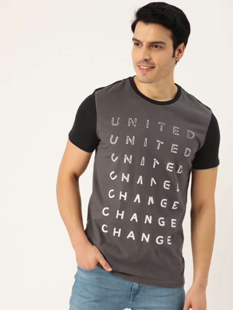 

United Colors of Benetton Men Charcoal Grey & White Printed Round Neck T-shirt