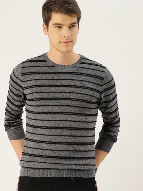 

United Colors of Benetton Men Grey Melange & Black Striped Pullover