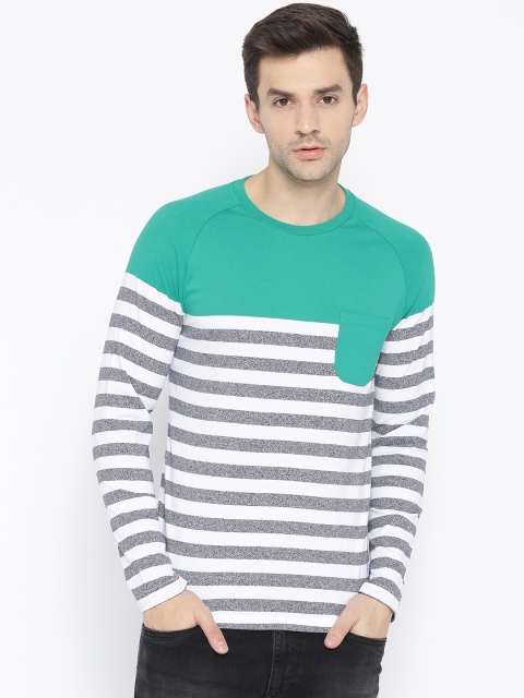 

United Colors of Benetton Men Green & White Striped Round Neck T-shirt