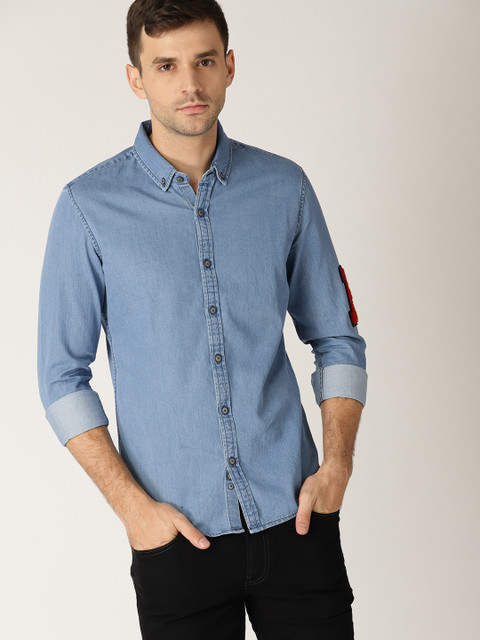 

United Colors of Benetton Men Blue Chambray Slim Fit Solid Casual Shirt