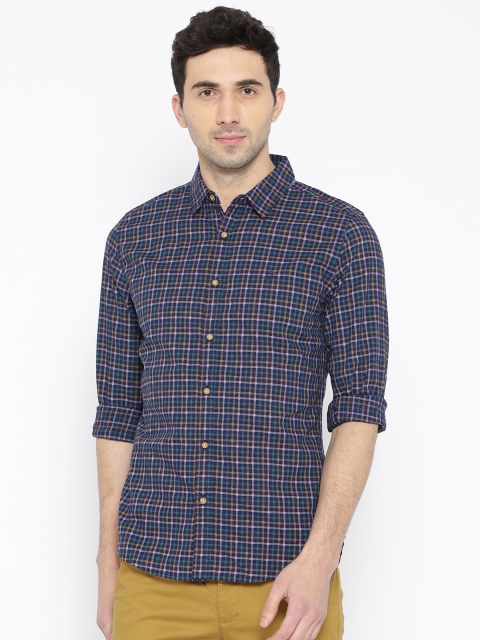 

United Colors of Benetton Men Navy Blue & Green Slim Fit Checked Casual Shirt