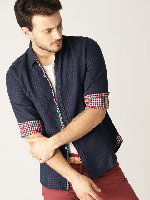 

United Colors of Benetton Men Navy Blue Slim Fit Self Checked Casual Shirt