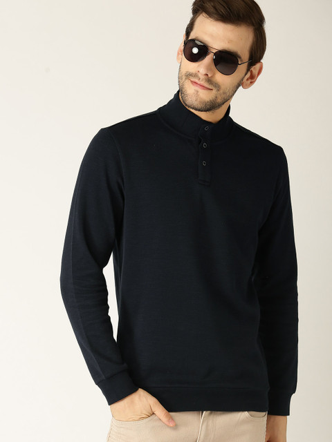 

United Colors of Benetton Men Navy Blue Solid Mock Collar T-shirt