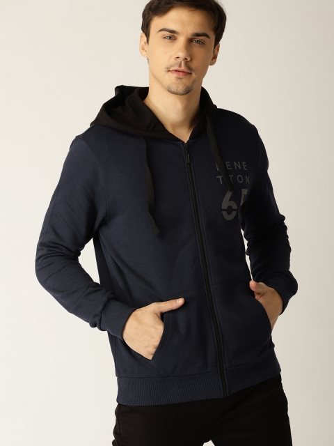 

United Colors of Benetton Men Navy Blue Solid Hooded Sweatshirt