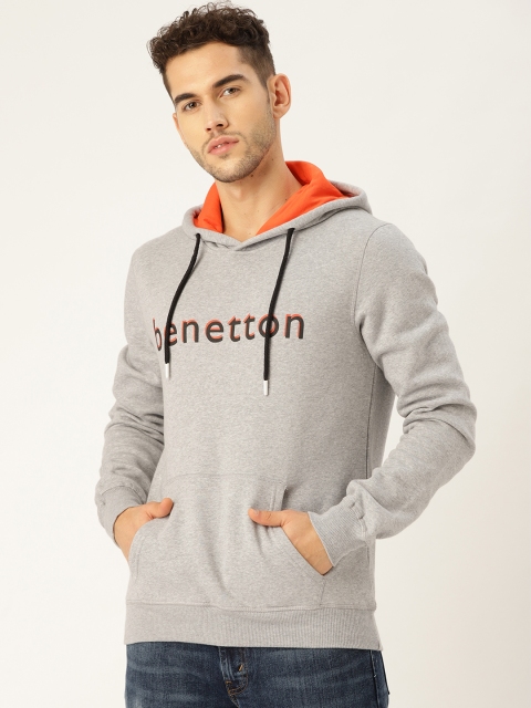 

United Colors of Benetton Men Grey Melange Printed Hooded Sweatshirt